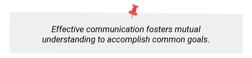 Text quote on communication importance with a red pushpin graphic on top.