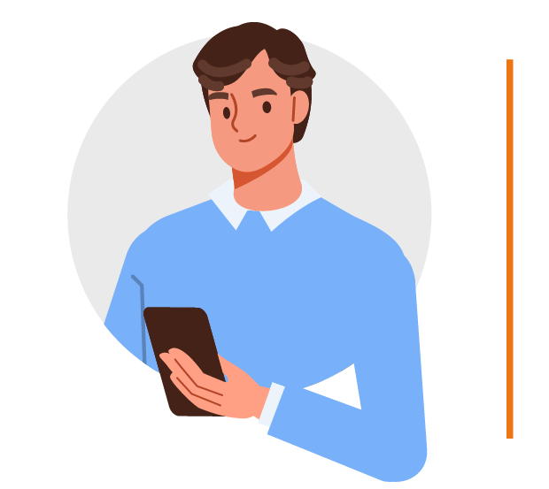 Icon representing a Business Unit Leaders and Department Heads stakeholder. An illustrated professional man with brown hair, wearing a light blue sweater over a white collared shirt. He is holding a tablet and looking at it with focus, representing digital productivity and engagement. The background features a simple circular design. 