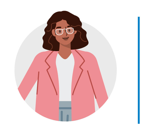 Icon representing: What is PPM to me, as a Portfolio Managers and Strategy Teams stakeholder. An illustrated professional woman with curly hair and glasses, wearing a pink blazer over a white blouse. She has a confident and approachable expression, representing leadership and collaboration. The background features a simple circular design. 