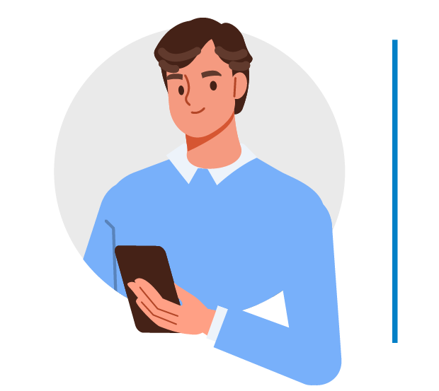 Icon representing a Business Unit Leaders and Department Heads stakeholder. An illustrated professional man with brown hair, wearing a light blue sweater over a white collared shirt. He is holding a tablet and looking at it with focus, representing digital productivity and engagement. The background features a simple circular design.