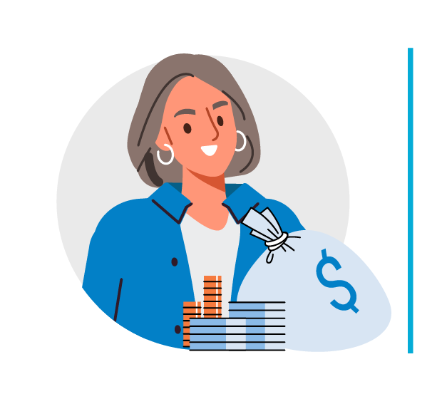 Icon representing: What is Project Portfolio Management to me, as a Finance Teams / Controlling stakeholder. An illustrated professional woman with short brown hair, wearing a blazer over a white shirt. She is smiling, with a large blue money bag, stacks of cash, and coins in front of her, symbolizing financial management or budgeting. The background features a simple circular design.