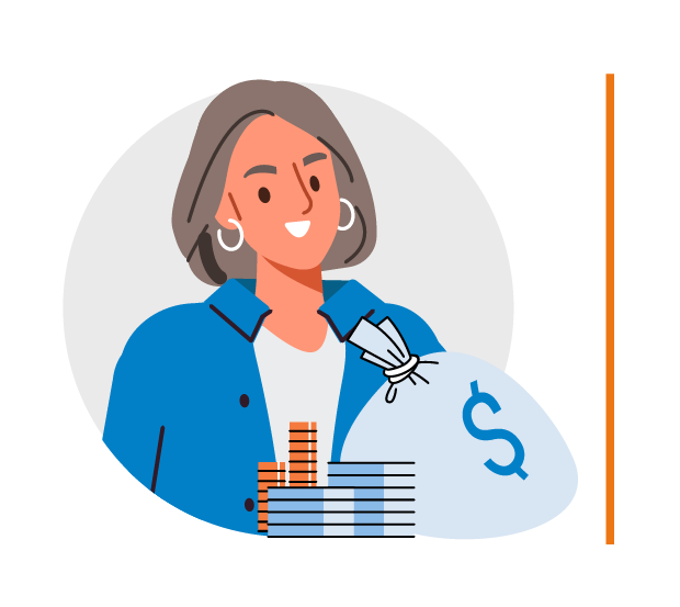 Icon representing a Finance Teams / Controlling stakeholder. An illustrated professional woman with short brown hair, wearing a blazer over a white shirt. She is smiling, with a large blue money bag, stacks of cash, and coins in front of her, symbolizing financial management or budgeting. The background features a simple circular design. 
