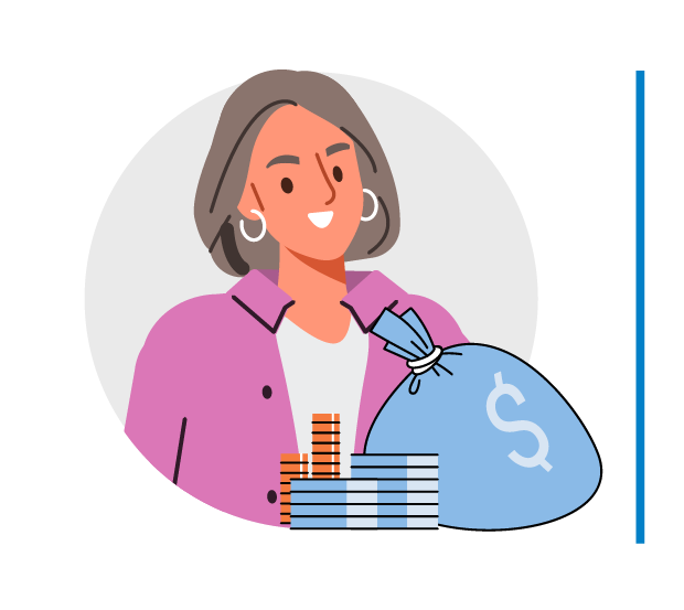 Icon representing: What is PPM to me, as a Finance Teams / Controlling stakeholder. An illustrated professional woman with short brown hair, wearing a blazer over a white shirt. She is smiling, with a large blue money bag, stacks of cash, and coins in front of her, symbolizing financial management, budgeting, or risk. The background features a simple circular design.