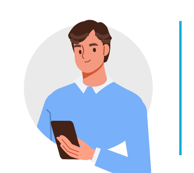 Icon representing: What is Project Portfolio Management to me, as a Business Unit Leaders and Department Heads stakeholder. An illustrated professional man with brown hair, wearing a light blue sweater over a white collared shirt. He is holding a tablet and looking at it with focus, representing digital productivity and engagement. The background features a simple circular design.