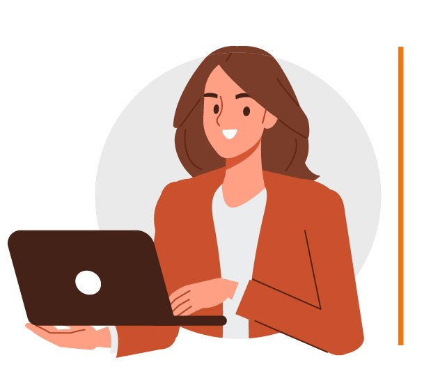 Icon representing: What is Project Portfolio Management to me, as a Resource Managers stakeholder. An illustrated professional woman with shoulder-length brown hair, wearing an orange blazer over a white shirt. She is holding a laptop in one hand while gesturing with the other, appearing confident and engaged. The background features a simple circular design.