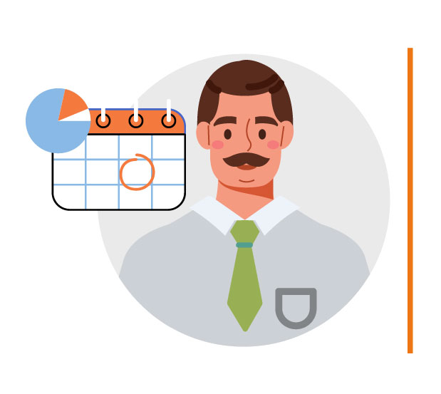 Icon representing: What is Project Portfolio Management to me, as a Project Manager stakeholder. An illustrated professional man with short brown hair, a mustache, and rosy cheeks, wearing a light gray shirt with a green tie and a small pocket. To his left, there is a calendar icon with an orange-circled date and a small pie chart, symbolizing planning and scheduling. The background features a simple circular design. 