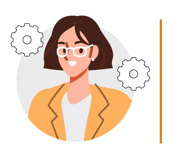 Icon representing: What is Project Portfolio Management to me, as a Change Management and Adoption Teams stakeholder. An illustrated woman with short brown hair and glasses, wearing a yellow blazer over a white top. Two gear icons float around her, symbolizing problem-solving, operations, or technical expertise. The background features a simple circular design. 