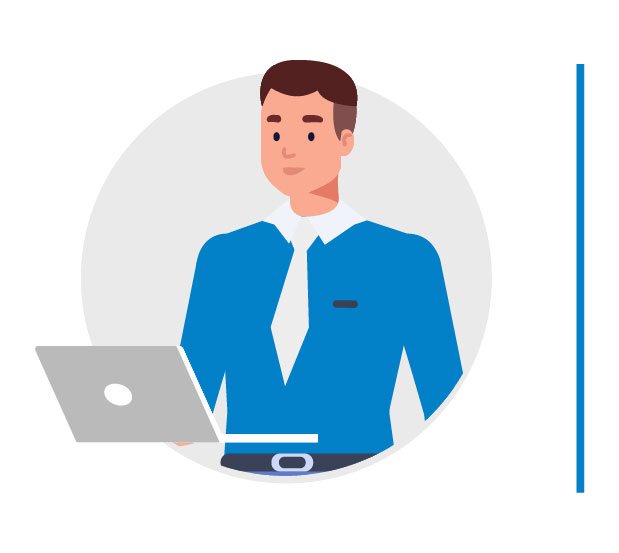 Icon representing: What is PPM to me, as an Executive Leadership / CFO stakeholder. An illustrated professional man wearing a blue shirt and white tie, working on a laptop. He has a focused expression, representing productivity and engagement in a business or technology-related task. The background features a simple circular design. 