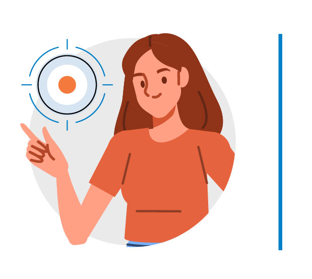 Icon representing: What is Project Portfolio Management to me, as a Compliance and Risk Teams stakeholder. An illustrated woman with long brown hair, wearing an orange shirt, pointing toward a circular target icon with a bullseye. The icon represents focus, precision, or goal-setting. The background features a simple circular design. 