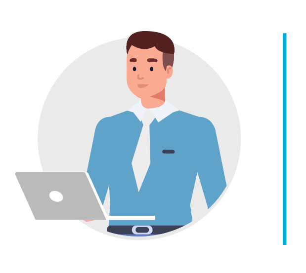 Icon representing: What is Project Portfolio Management to me, as an Executive Leadership / CFO stakeholder. An illustrated professional man wearing a blue shirt and white tie, working on a laptop. He has a focused expression, representing productivity and engagement in a business or technology-related task. The background features a simple circular design.