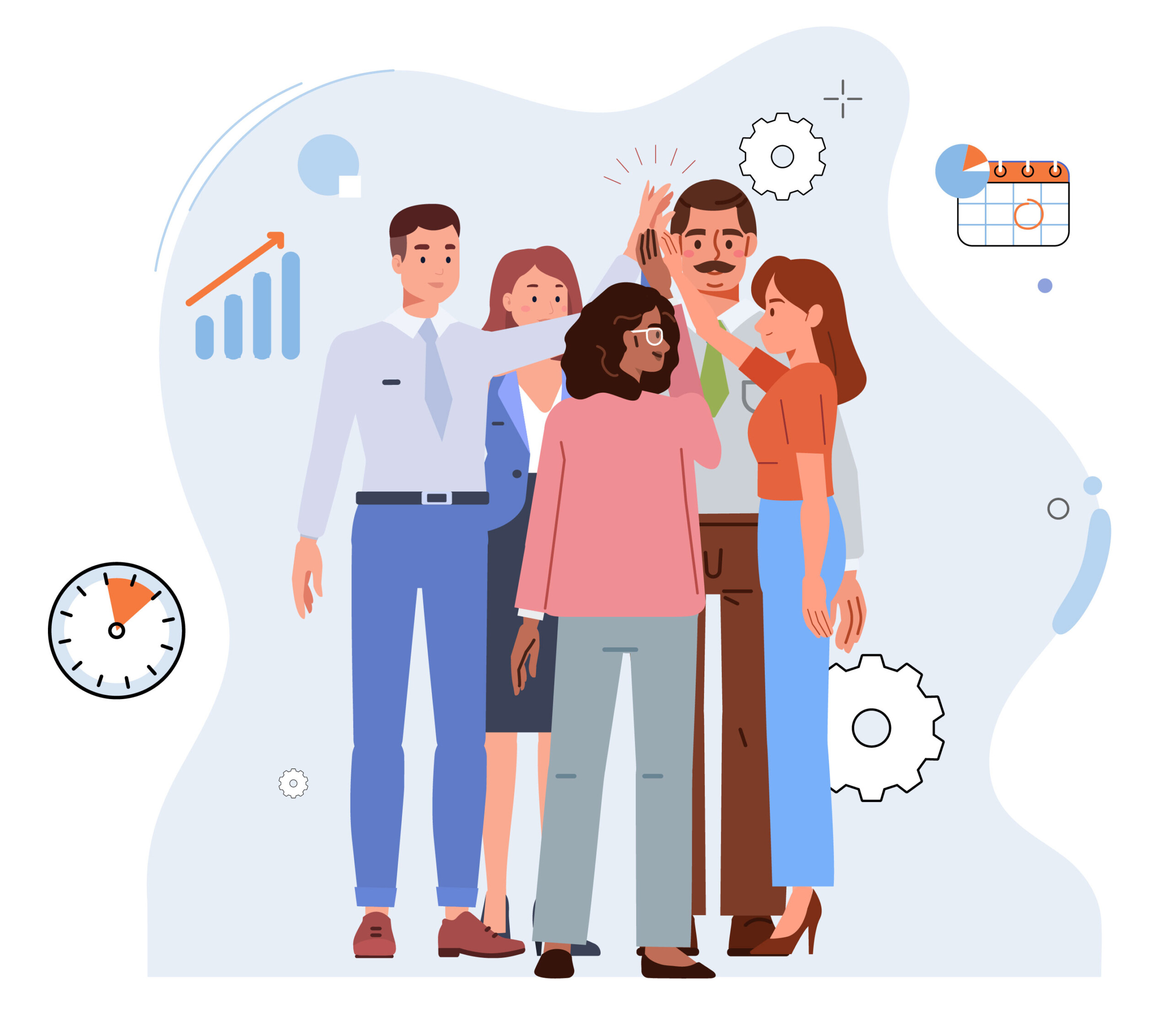 graphic An illustrated group of five diverse professionals standing together, smiling, and high-fiving in a celebratory gesture. Surrounding them are icons representing PPM productivity and teamwork, including a clock, bar chart with an upward trend, calendar, and gears. The background features abstract design elements, reinforcing themes of collaboration, efficiency, and success.