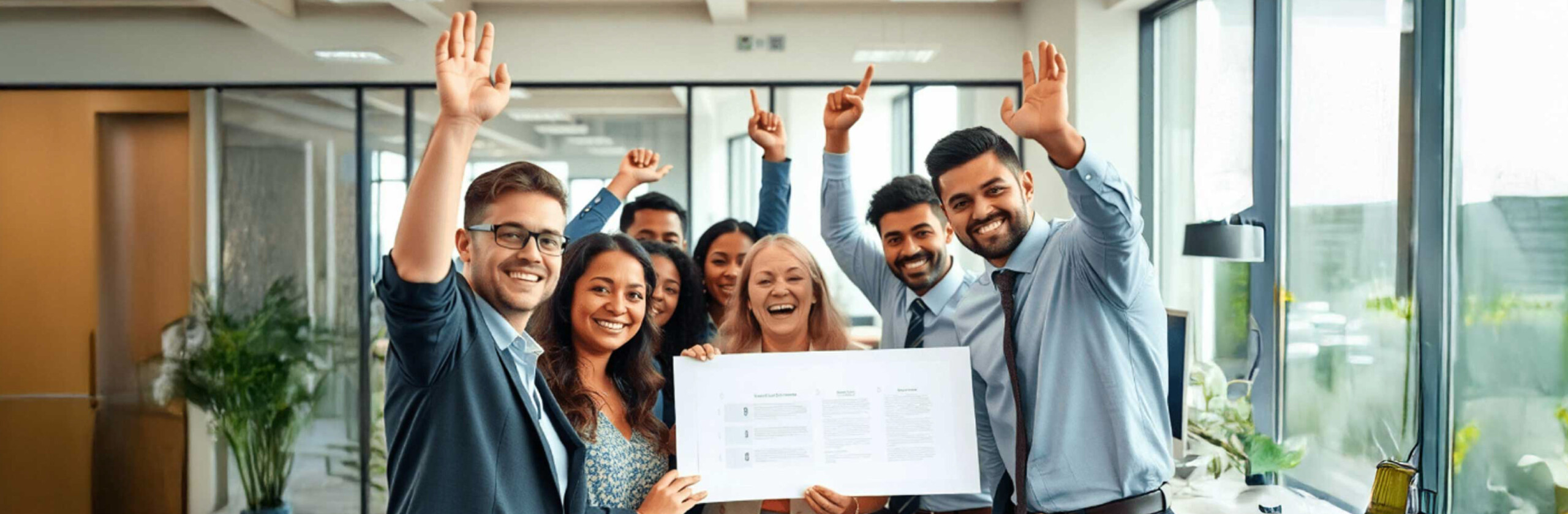 Smiling team celebrates together in an office, holding up a document and raising their arms in triumph.