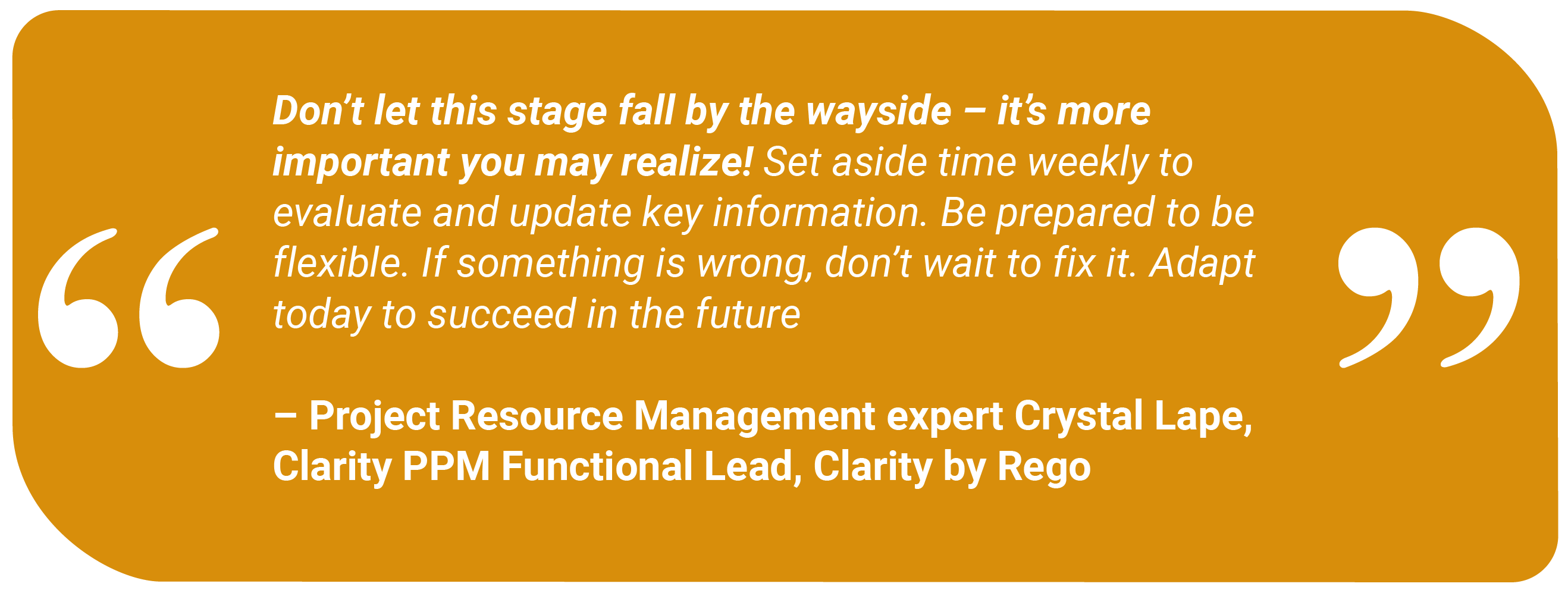 Crystal Lape quote, PMs encouraged to regularly review and adapt to keep projects healthy and successful