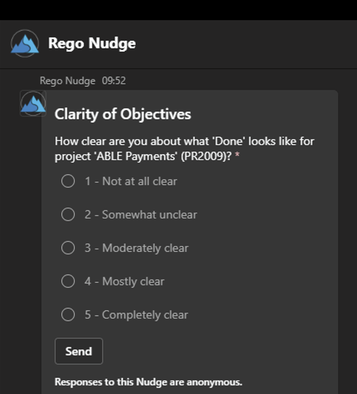 Microsoft Teams Nudge survey asks how clear “Done” looks for project “ABLE Payments,” with five response options.